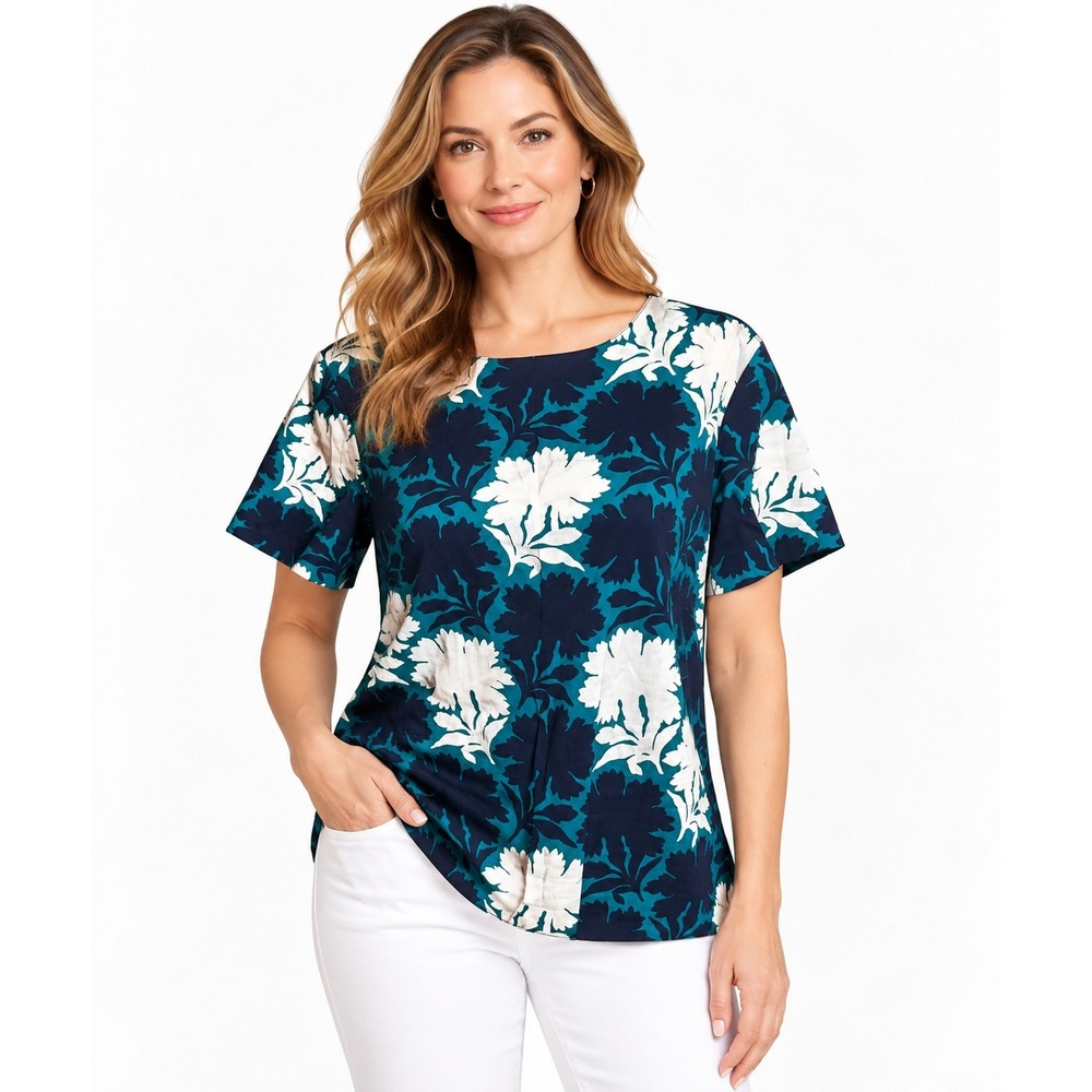 Draper James Floral Cutout Back Top Womens 10 Blue Teal Excellent Short Sleeve